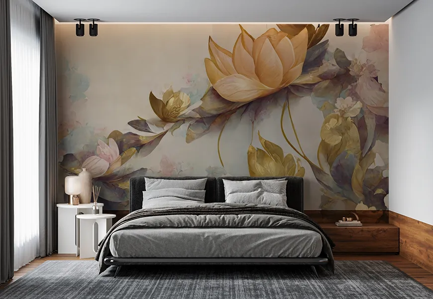 کاغذ دیواری اتاق خواب عروس و داماد طرح گل های طلایی
